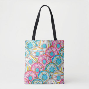 Diagonal Stacked Watercolor Doughnuts on Aqua Tote Bag