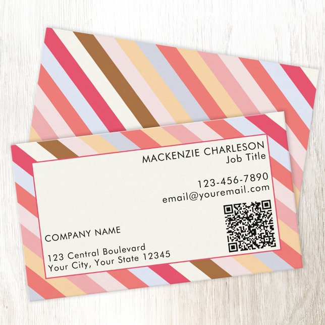 Diagonal Stripe Modern QR Code Business Card (Muted candy stripe pattern business card with custom text and QR code)
