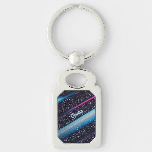 diagonal stripes and points pattern black, blue keychain (Front)