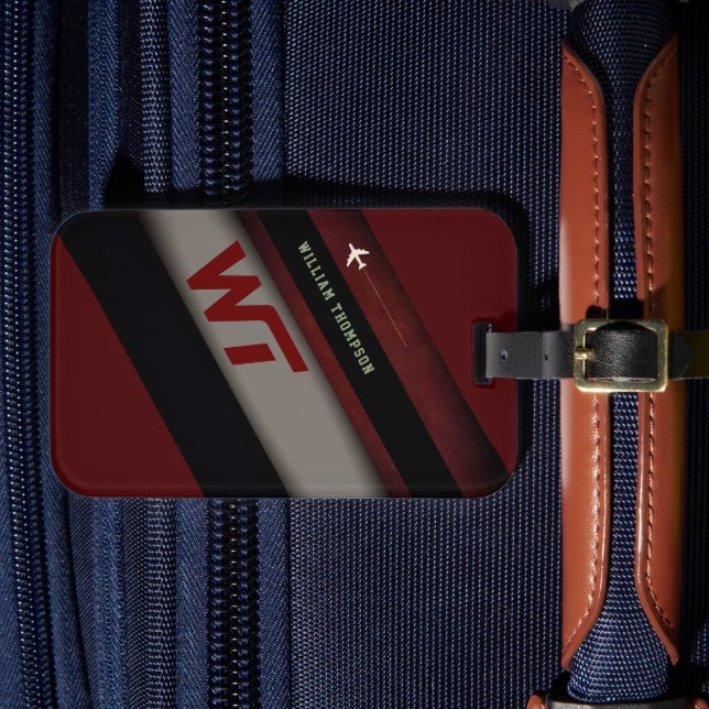 Diagonal Stripes cool Monogrammed dark red Luggage Tag (Front Insitu 4)