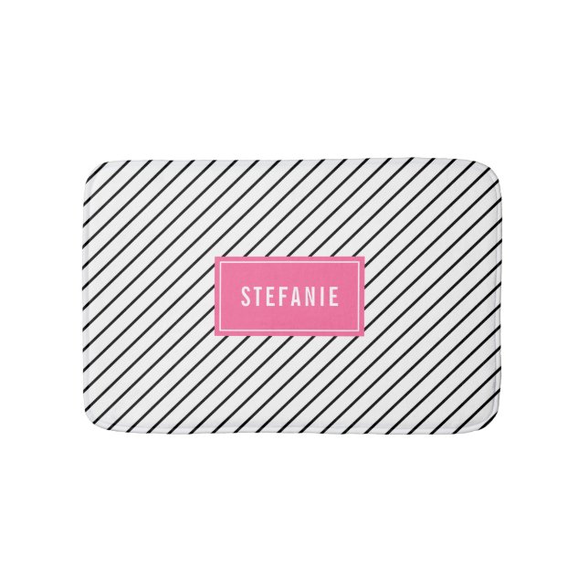 Diagonal Stripes Hot Pink Personalized Bath Mat (Front)