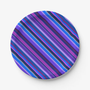 Diagonal stripes in blue and purple paper plate