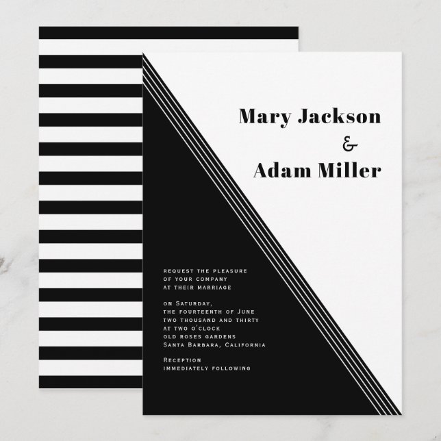 Diagonal stripes, triangles black white wedding invitation (Front/Back)