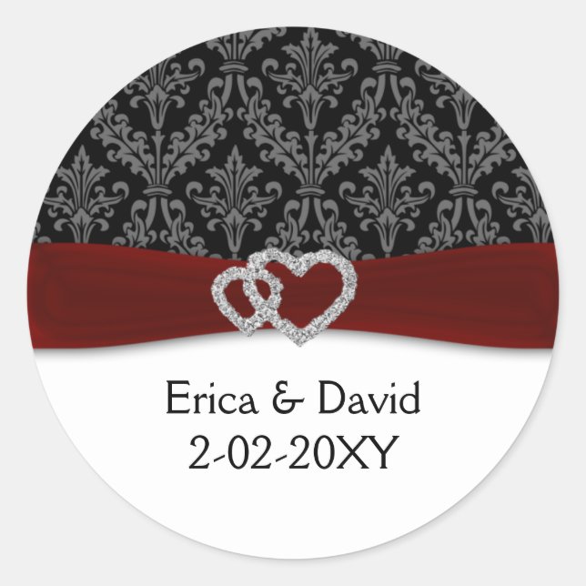 diamante damask red wedding classic round sticker (Front)