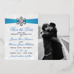 Diamante Snowflake & Blue Ribbon Winter Wedding<br><div class="desc">Celebrate in style with these elegant and very trendy real foil pressed wedding save the date photo cards. The design is easy to personalize with your own wording and a photo of your choice and your guests will be thrilled when they receive these fabulous save the date cards. Matching wedding...</div>