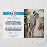 Diamante Snowflake & Blue Ribbon Winter Wedding<br><div class="desc">Give thanks in style with these elegant and very trendy real foil pressed wedding photo thank you cards. The design is easy to personalize with your own special thank you wording and a photo of your choice and your guests will be thrilled when they receive these fabulous thank you cards....</div>