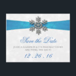 Diamante Snowflake & Blue Ribbon Winter Wedding Announcement Postcard<br><div class="desc">The diamante snowflake & blue ribbon wedding collection is perfect for any couple planning a romantic winter wedding celebration. The design features a light silvery grey and white snowflake textured background with a diamante snowflake on top of a silky looking ribbon. The wording incorporates the same silvery grey and blue...</div>