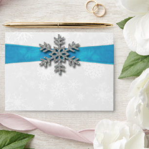 Diamante Snowflake & Blue Ribbon Winter Wedding Envelopes