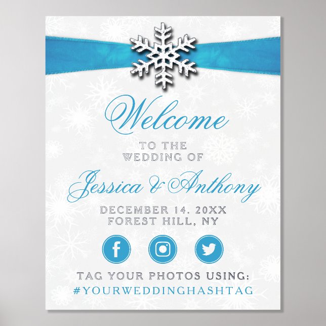 Diamante Snowflake & Blue Ribbon Winter Wedding Foil Prints (Front)