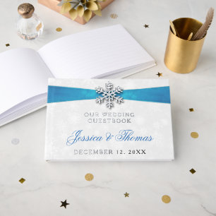 Diamante Snowflake & Blue Ribbon Winter Wedding Guest Book