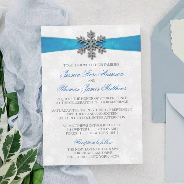 Diamante Snowflake & Blue Ribbon Winter Wedding Invitation (Creator Uploaded)
