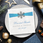 Diamante Snowflake & Blue Ribbon Winter Wedding Napkin<br><div class="desc">The diamante snowflake & blue ribbon wedding collection is perfect for any couple planning a romantic winter wedding celebration. The design features a light silvery grey and white snowflake textured background with a diamante snowflake on top of a silky looking ribbon. The wording incorporates the same silvery grey and blue...</div>