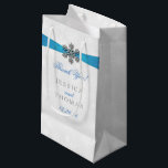 Diamante Snowflake & Blue Ribbon Winter Wedding Small Gift Bag<br><div class="desc">The diamante snowflake & blue ribbon wedding collection is perfect for any couple planning a romantic winter wedding celebration. The design features a light silvery grey and white snowflake textured background with a diamante snowflake on top of a silky looking ribbon. The wording incorporates the same silvery grey and blue...</div>