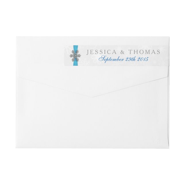 Diamante Snowflake & Blue Ribbon Winter Wedding Wrap Around Label (Back)