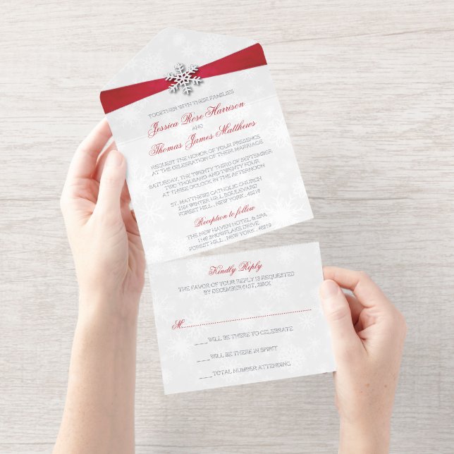 Diamante Snowflake & Red Ribbon Winter Wedding All In One Invitation (Tearaway)