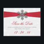 Diamante Snowflake & Red Ribbon Winter Wedding Announcement Postcard<br><div class="desc">The diamante snowflake & red ribbon wedding collection is perfect for any couple planning a romantic winter wedding celebration. The design features a light silvery grey and white snowflake textured background with a diamante snowflake on top of a silky looking ribbon. The wording incorporates the same silvery grey and red...</div>