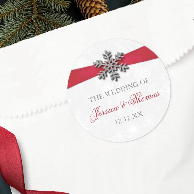Diamante Snowflake & Red Ribbon Winter Wedding Classic Round Sticker (Creator Uploaded)
