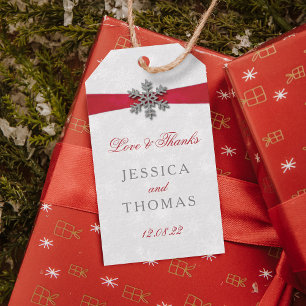 Diamante Snowflake & Red Ribbon Winter Wedding Gift Tags