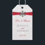 Diamante Snowflake & Red Ribbon Winter Wedding Gift Tags<br><div class="desc">The diamante snowflake & red ribbon wedding collection is perfect for any couple planning a romantic winter wedding celebration. The design features a light silvery grey and white snowflake textured background with a diamante snowflake on top of a silky looking ribbon. The wording incorporates the same silvery grey and red...</div>