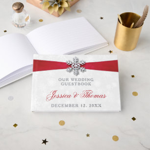 Diamante Snowflake & Red Ribbon Winter Wedding Guest Book
