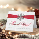 Diamante Snowflake & Red Ribbon Winter Wedding Holiday Card<br><div class="desc">The diamante snowflake & red ribbon wedding collection is perfect for any couple planning a romantic winter wedding celebration. The design features a light silvery grey and white snowflake textured background with a diamante snowflake on top of a silky looking ribbon. The wording incorporates the same silvery grey and red...</div>