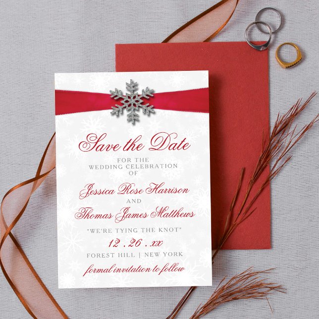 Diamante Snowflake & Red Ribbon Winter Wedding Invitation (Creator Uploaded)