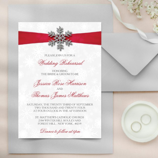 Diamante Snowflake & Red Ribbon Winter Wedding Invitation (Creator Uploaded)