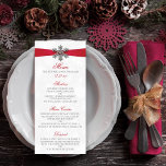 Diamante Snowflake & Red Ribbon Winter Wedding Menu<br><div class="desc">The diamante snowflake & red ribbon wedding collection is perfect for any couple planning a romantic winter wedding celebration. The design features a light silvery grey and white snowflake textured background with a diamante snowflake on top of a silky looking ribbon. The wording incorporates the same silvery grey and red...</div>