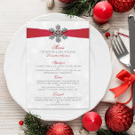 Diamante Snowflake & Red Ribbon Winter Wedding Menu<br><div class="desc">The diamante snowflake & red ribbon wedding collection is perfect for any couple planning a romantic winter wedding celebration. The design features a light silvery grey and white snowflake textured background with a diamante snowflake on top of a silky looking ribbon. The wording incorporates the same silvery grey and red...</div>