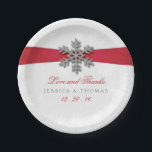Diamante Snowflake & Red Ribbon Winter Wedding Paper Plate<br><div class="desc">The diamante snowflake & red ribbon wedding collection is perfect for any couple planning a romantic winter wedding celebration. The design features a light silvery grey and white snowflake textured background with a diamante snowflake on top of a silky looking ribbon. The wording incorporates the same silvery grey and red...</div>