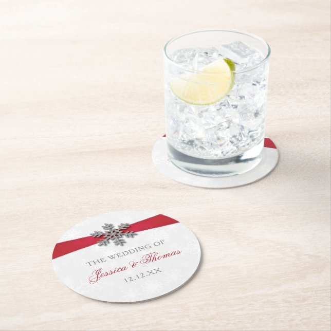 Diamante Snowflake & Red Ribbon Winter Wedding Round Paper Coaster (Insitu)