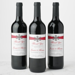 Diamante Snowflake & Red Ribbon Winter Wedding Wine Label