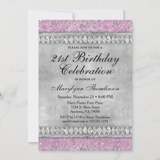 Diamants roses Anniversaire Invitation Velours Arg (Devant)