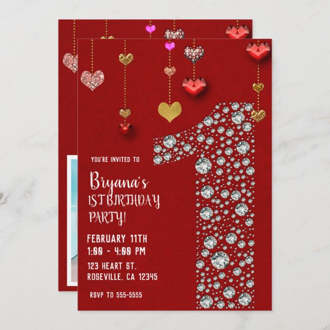Diamond 1 1ST Valentine's Hearts Birthday Party Invitation (Front/Back)