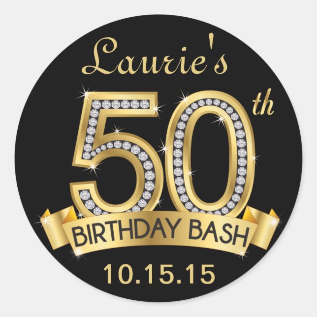 Diamond 50th Birthday Stickers | Black and Gold (Front)