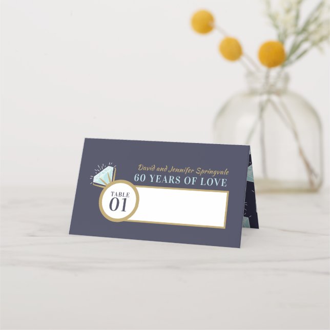 Diamond 60th wedding anniversary blue table place card (Front)