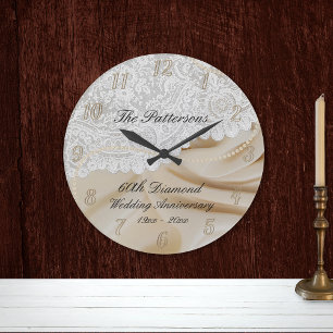 Diamond 60th Wedding Anniversary Satin Lace Large  Clock
