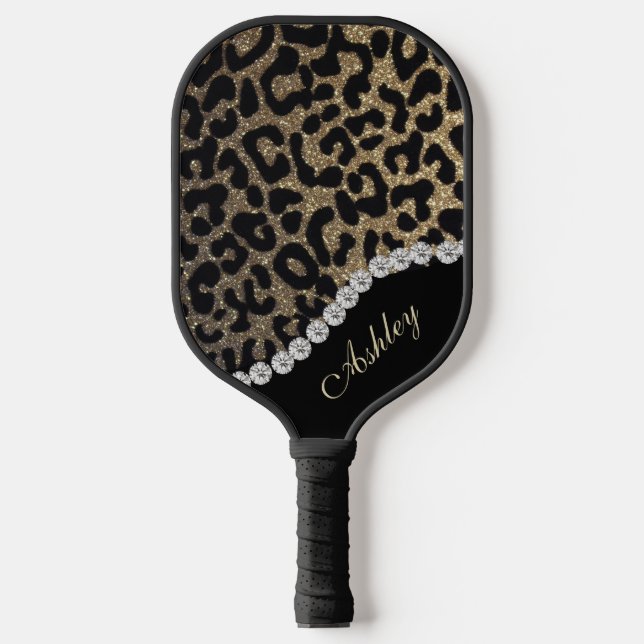 Diamond and Leopard Glitter Add Name Pickleball Paddle (Front)
