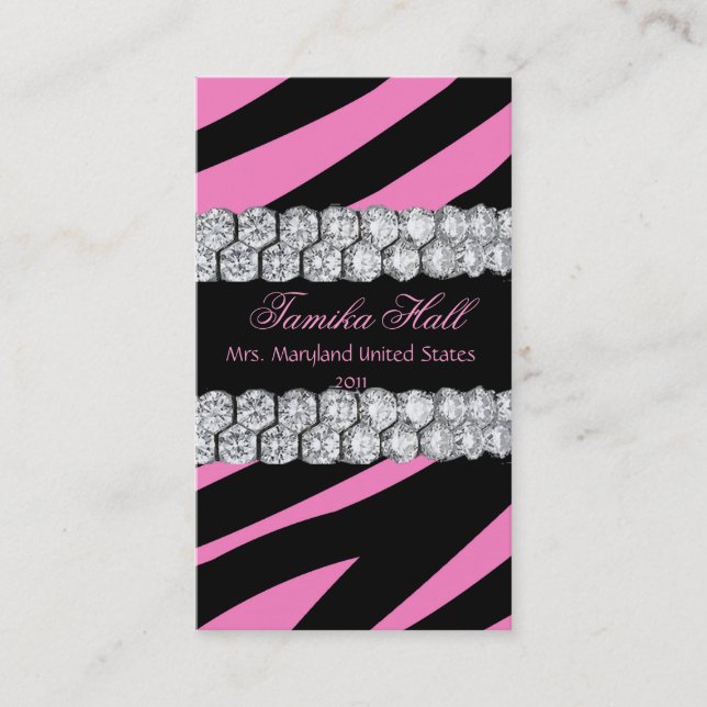 Diamond and Pink Zebra Pageant Business Card (Front)