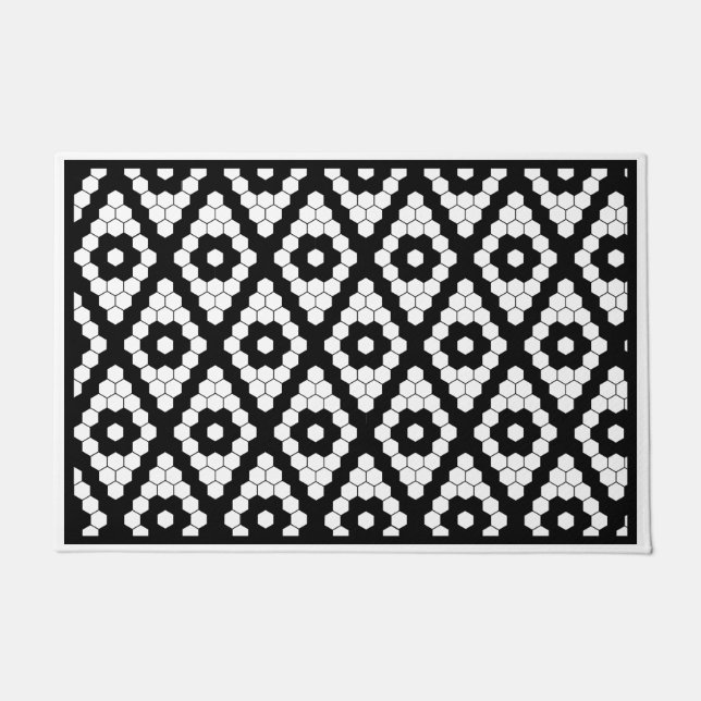 Diamond Black and White Modern Faux Hex Tile Doormat (Front)