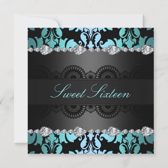 Diamond Black/Blue Sweet16 Birthday invite (Front)