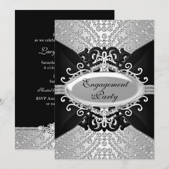 Diamond Black & Silver Engagement Party Invite (Front/Back)