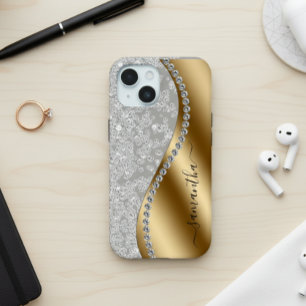 Diamond Bling Gold Metal Personalized Script  iPhone 15 Case