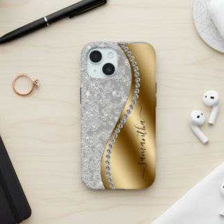 Diamond Bling Gold Metal Personalized Script iPhone 15 Case