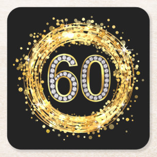 Diamond Bling Number 60 Glitter Confetti   gold Square Paper Coaster