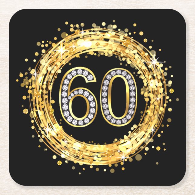 Diamond Bling Number 60 Glitter Confetti | gold Square Paper Coaster (Front)