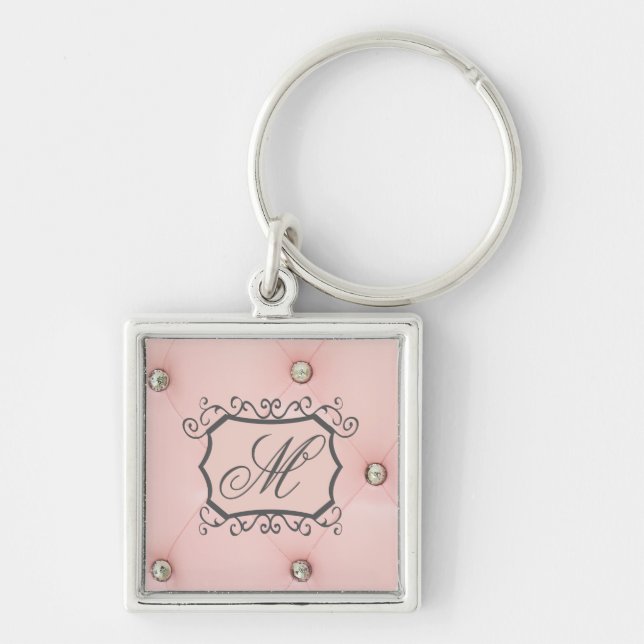 Diamond Bling Pink Tufted Leath Monogram Key Chain (Front)