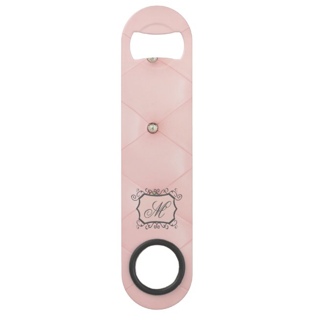 Diamond Bling Pink Tufted Leather Bottle Opener Bar Key (Front)
