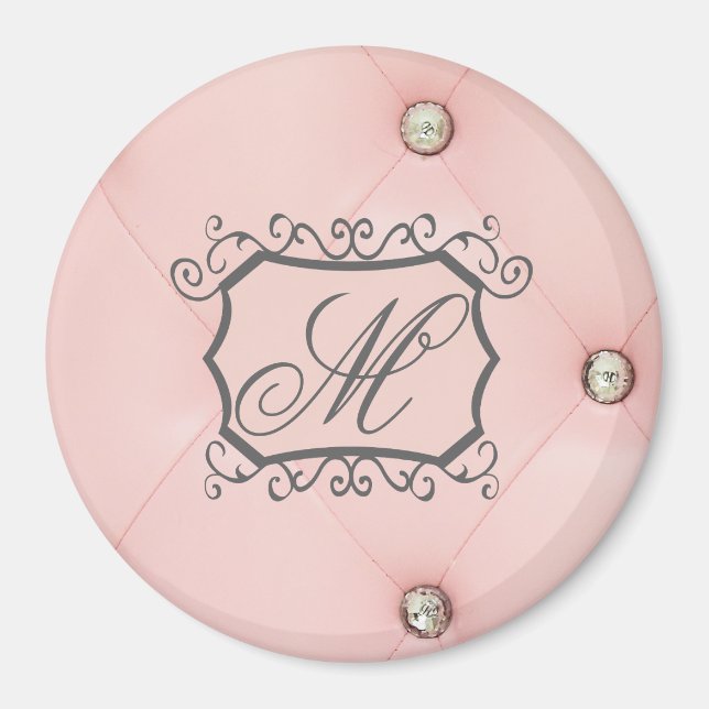 Diamond Bling Pink Tufted Monogram Initial Magnet (Front)