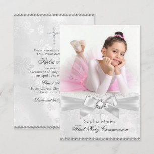 Diamond Bow & Cross Photo First Holy Communion Invitation